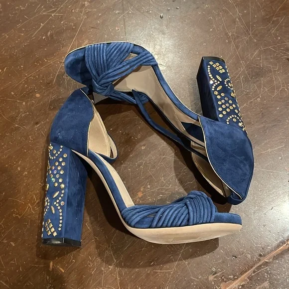 ELIE SAAB Women's Slingback Block Heel Sandal Size EU 38 In Blue - Picture 2 of 9